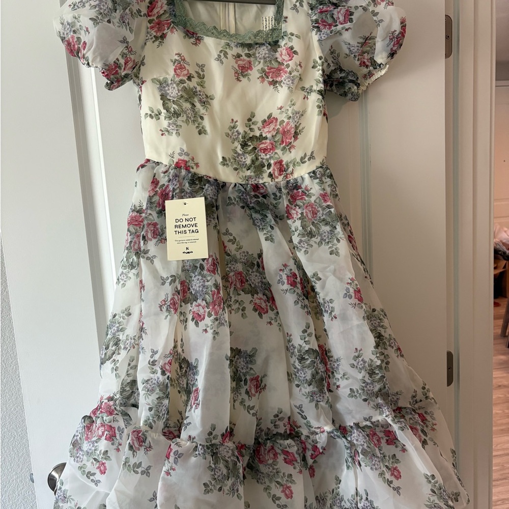 JessaKae White Floral Midi Dress with Pink & Green Accents - Picture 2 of 5